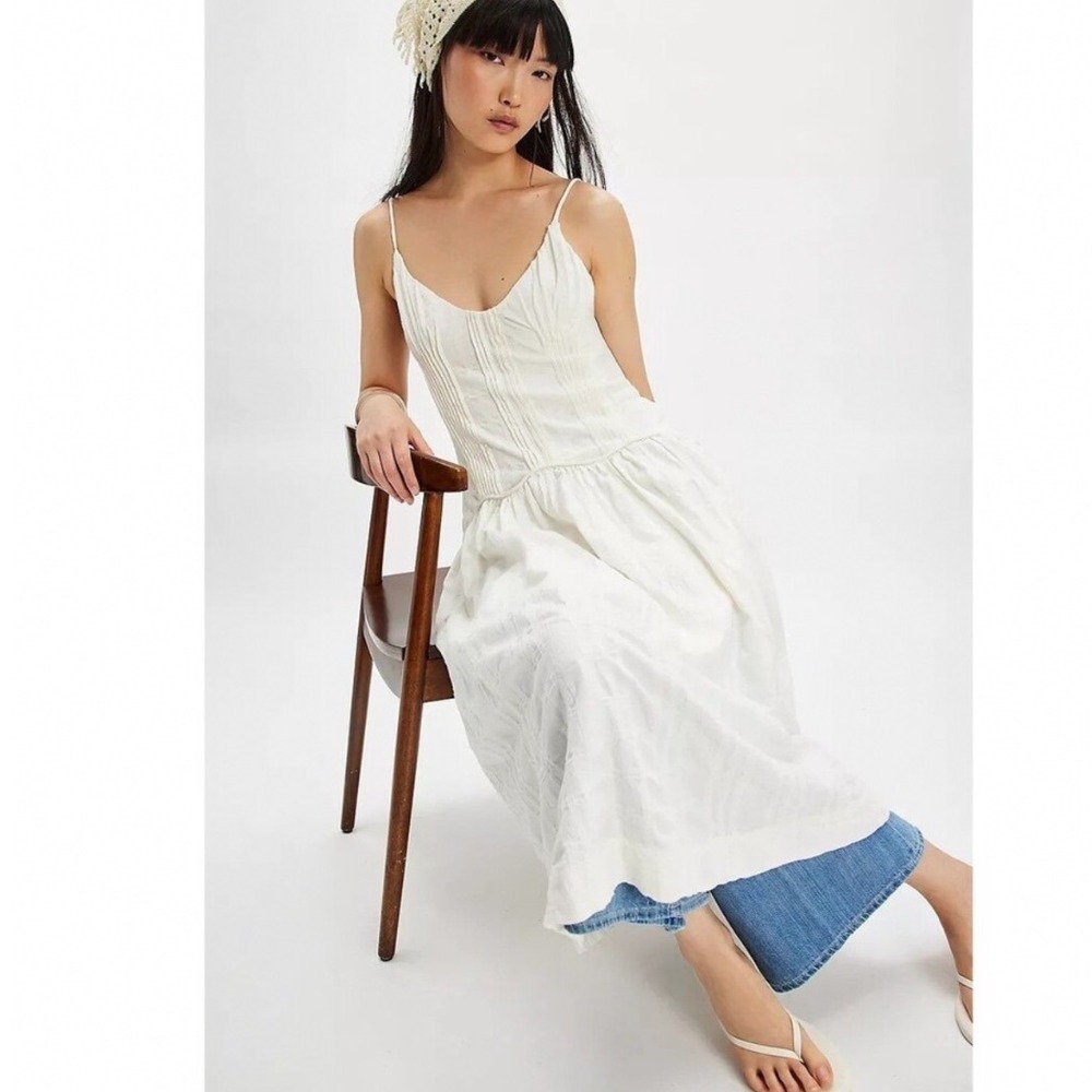 Free People Ezra Midi Dress White Pleated Drop Waist Tie Back Size 10
